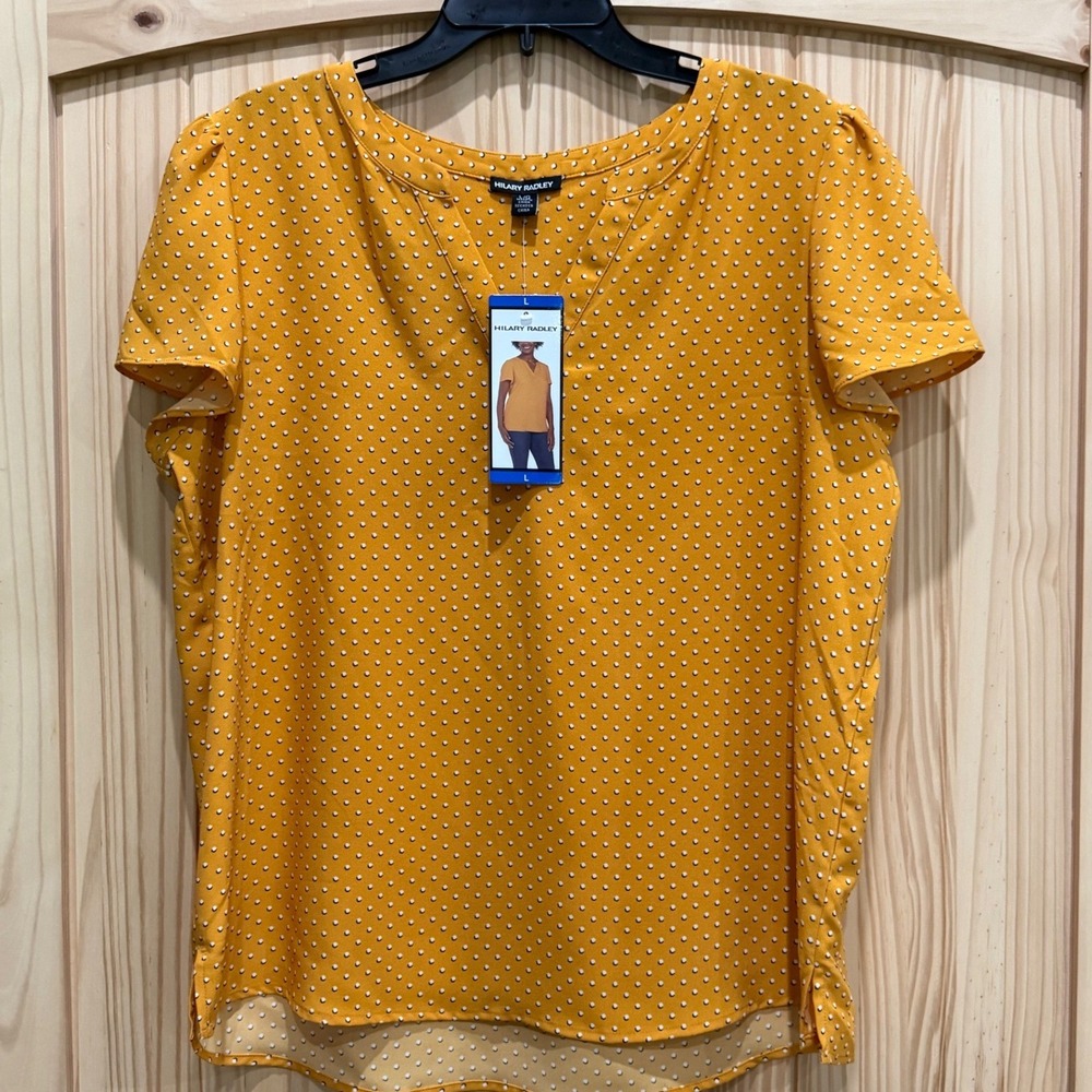 Hilary Radley Mustard Yellow Polka Dot Split Neck Blouse Top Large NWT
